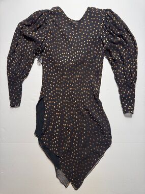 JUDY HORNBY Couture Silk Black Mini Dress Gold Velvet Dot Print Angled Hem 12